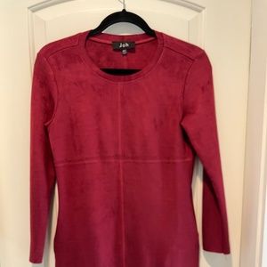 XS, faux suede, cranberry,  falls rights above the knees and has pockets.